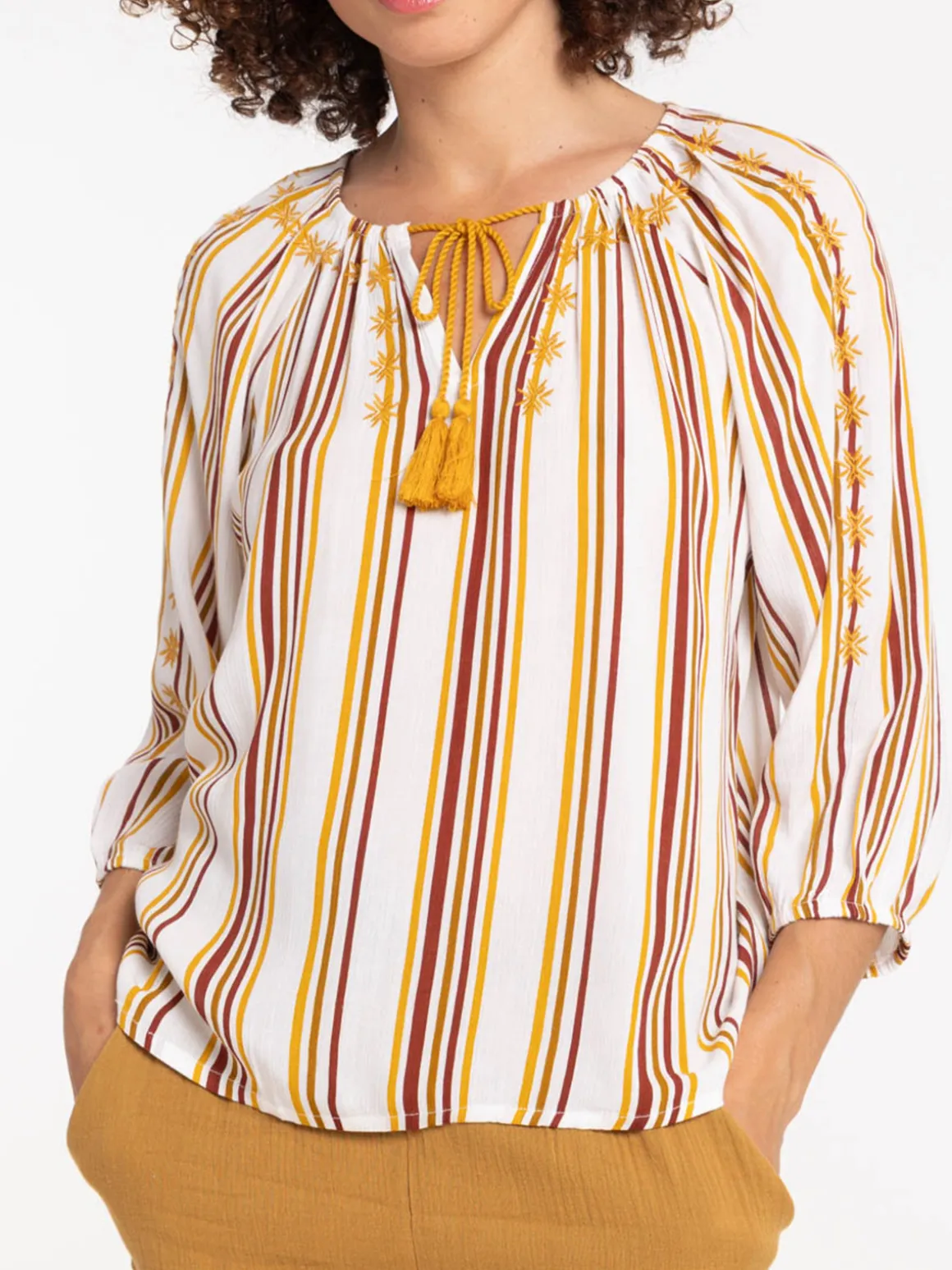 Blouse brodée et rayée femme
