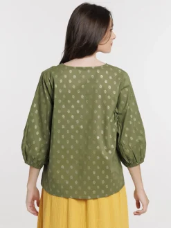 Blouse motifs dorés kaki indien femme