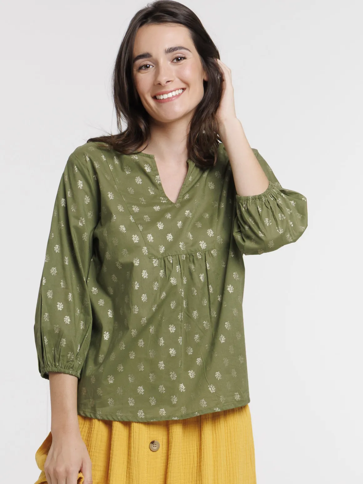 Blouse motifs dorés kaki indien femme