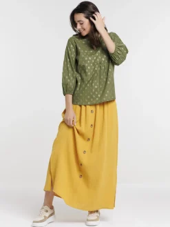 Blouse motifs dorés kaki indien femme