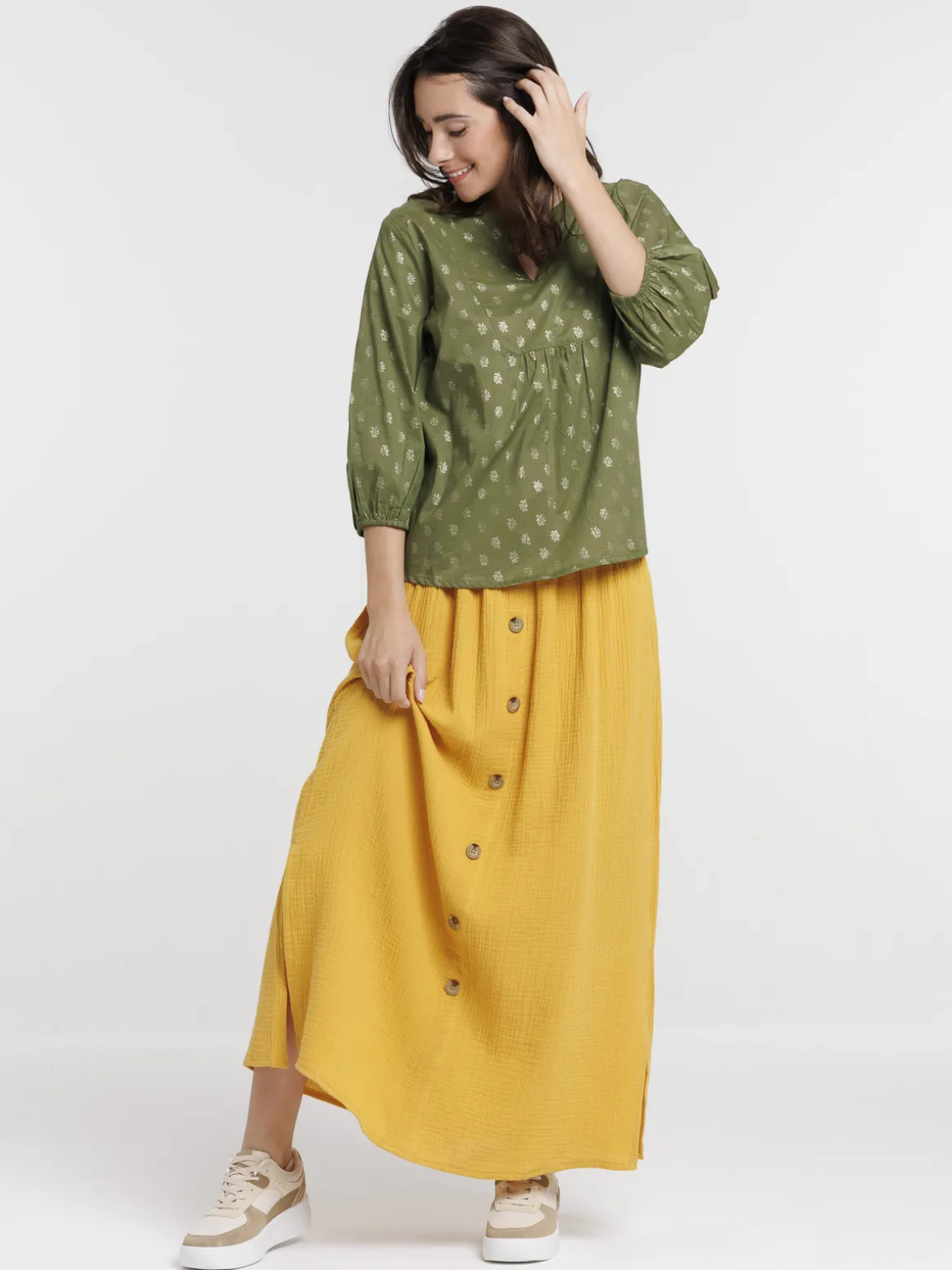 Blouse motifs dorés kaki indien femme