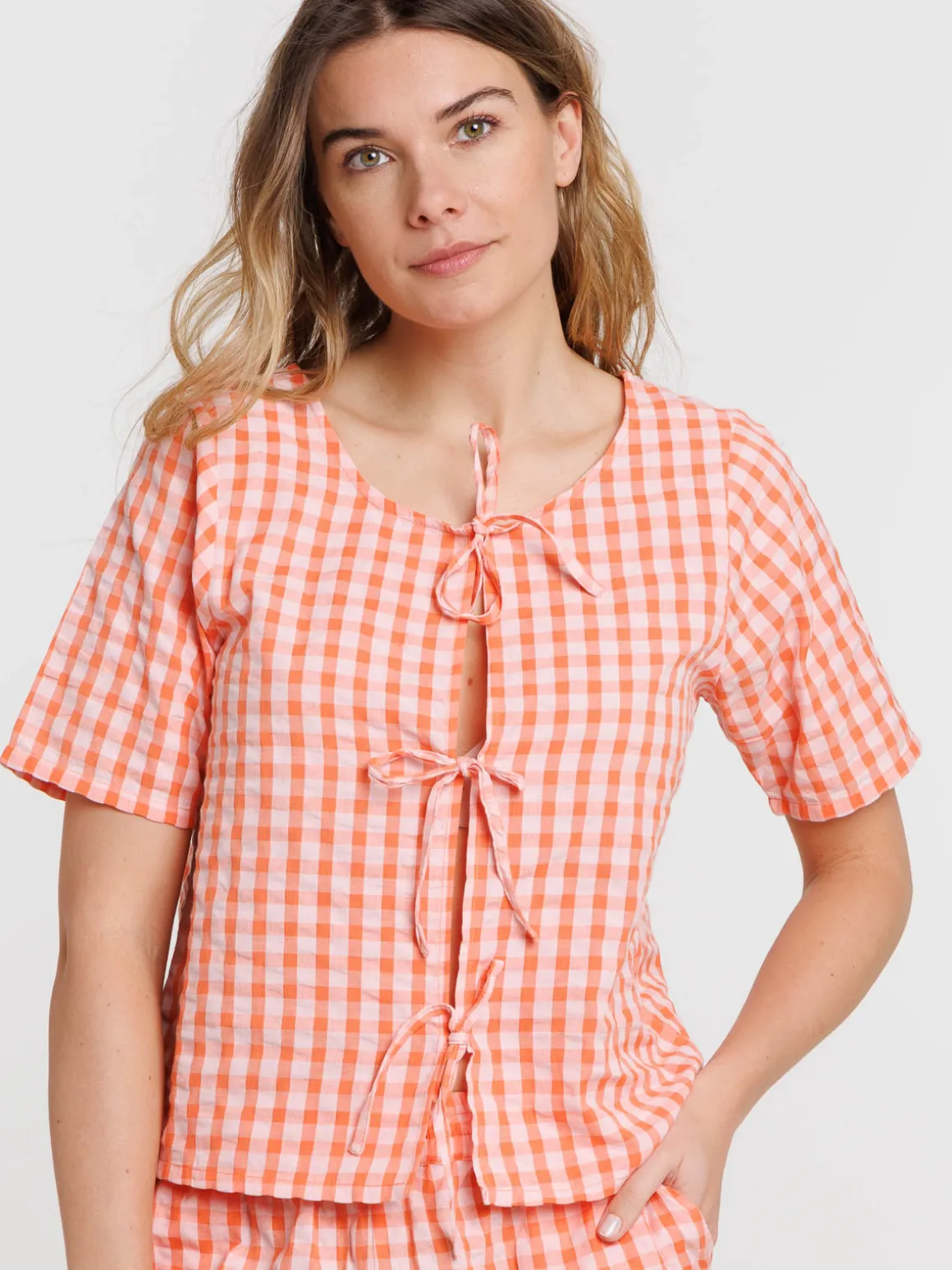 Blouse réversible vichy noeuds femme