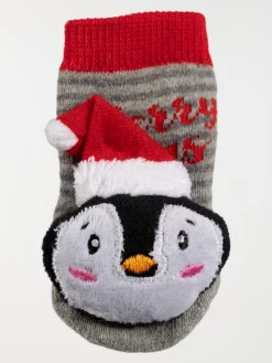Chaussettes de Noël pingouin gris bébé