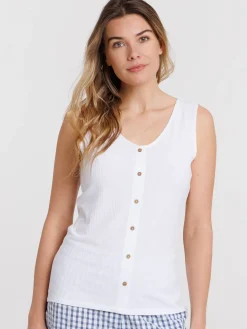 Débardeur blanc col V boutons femme
