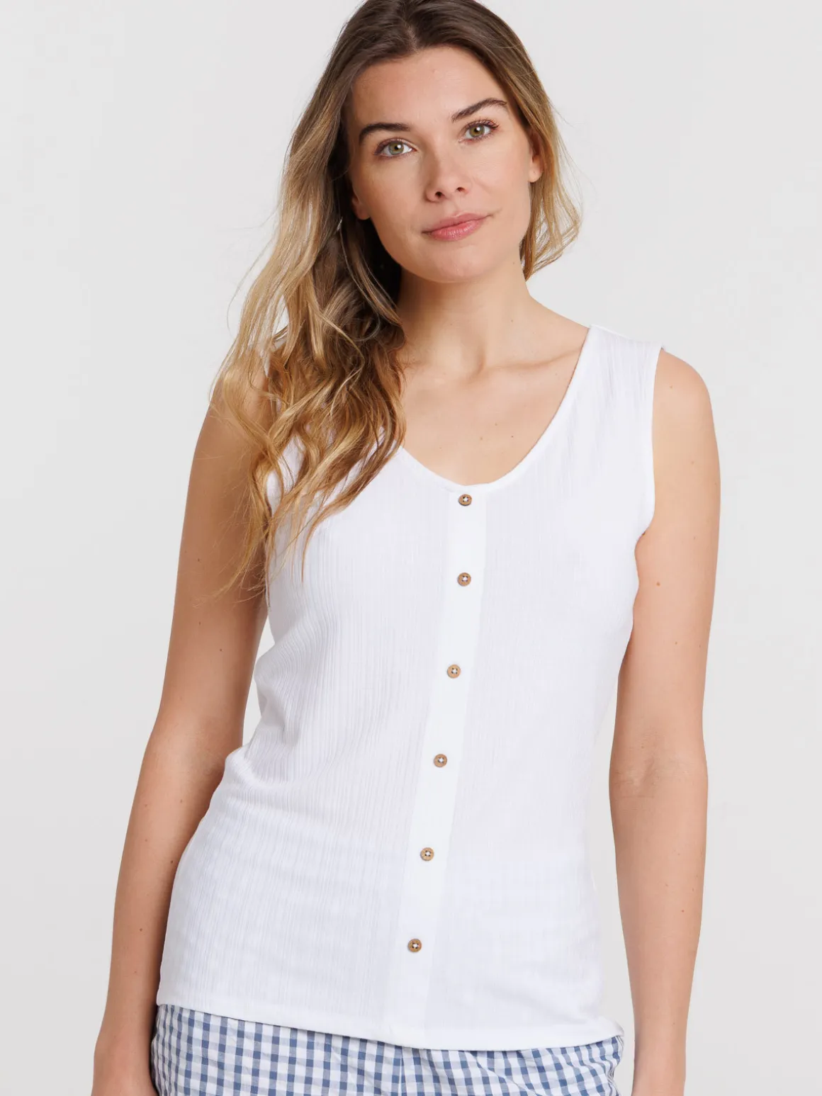 Débardeur blanc col V boutons femme