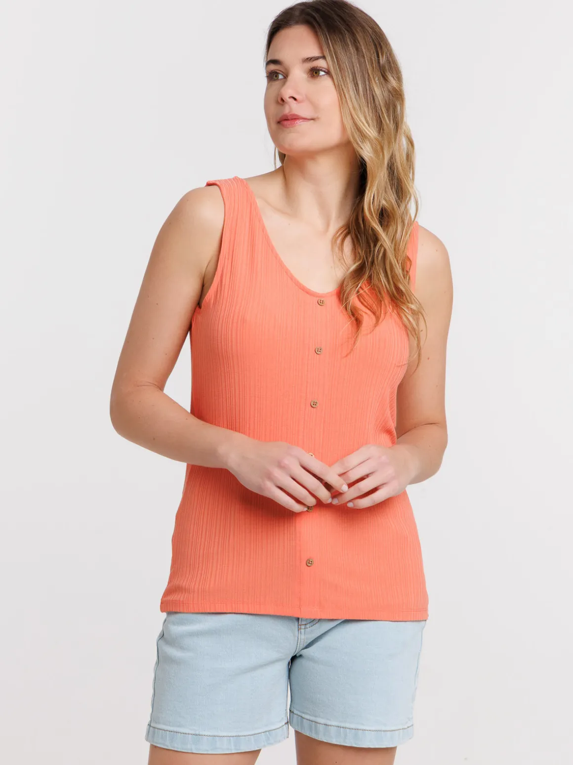 Débardeur corail col V boutons femme
