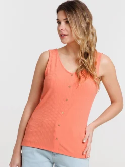 Débardeur corail col V boutons femme