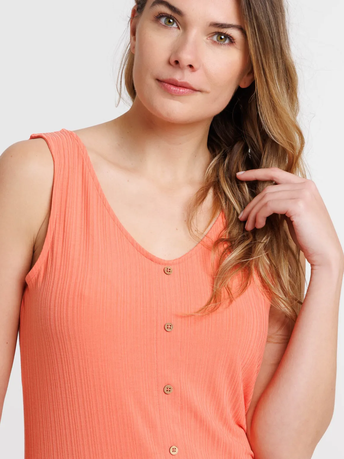 Débardeur corail col V boutons femme