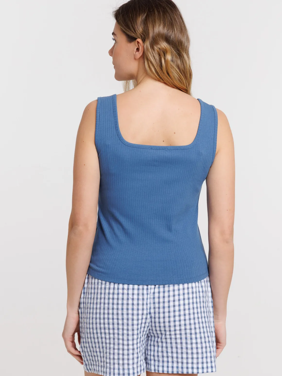 Débardeur côtelé femme bleu horizon