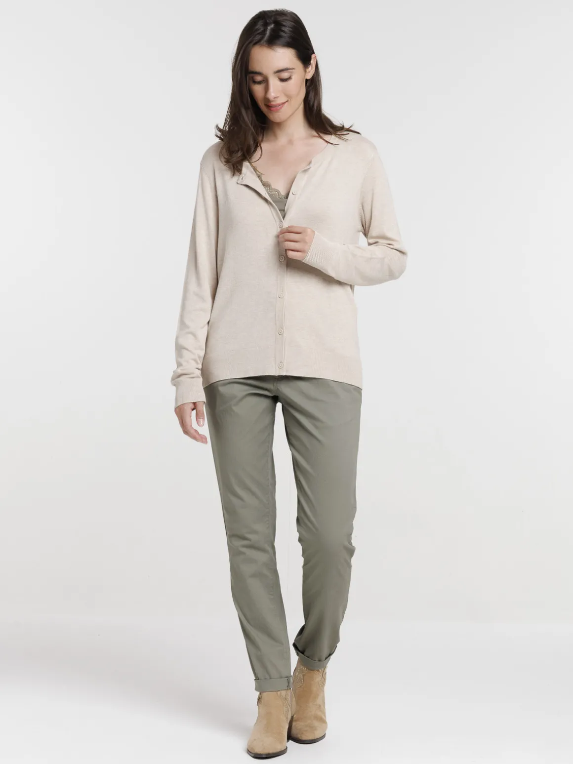 Gilet boutonné beige chiné femme