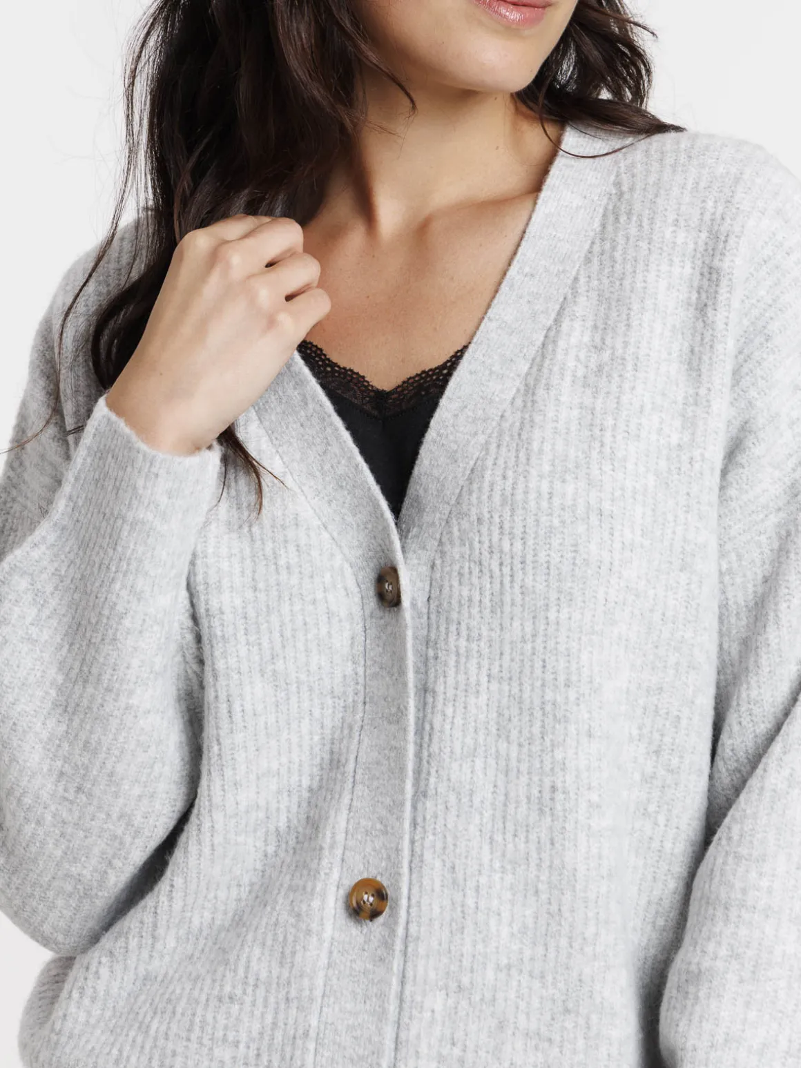 Gilet boutonné col V gris chiné femme