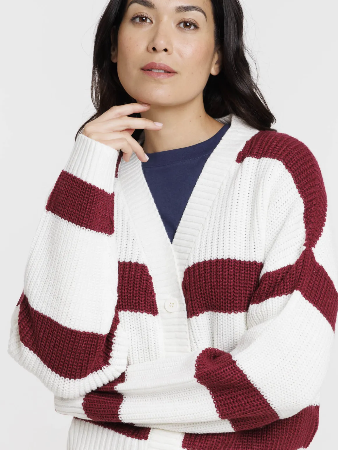 Gilet écru rayé lie de vin femme