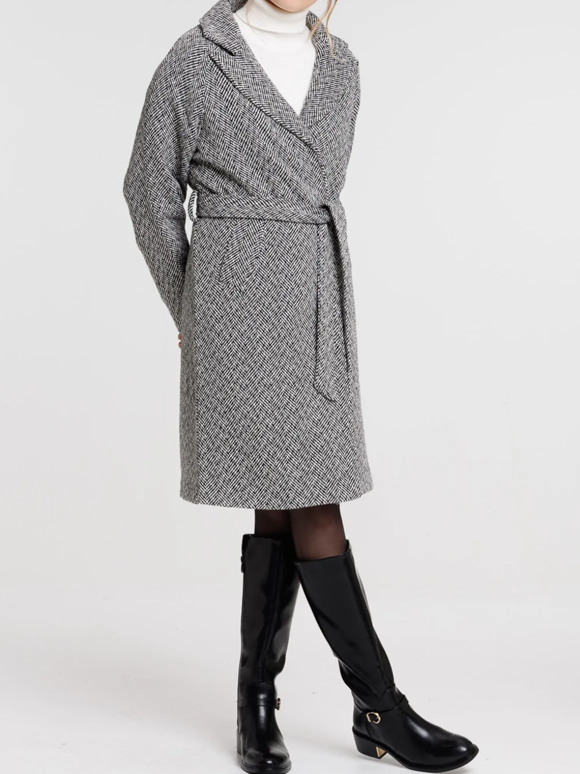 Manteau noir long chevrons femme