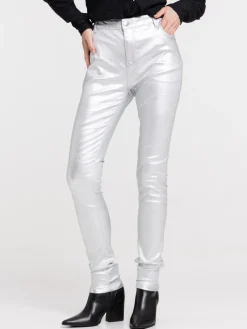 Pantalon skinny enduit gris argent femme