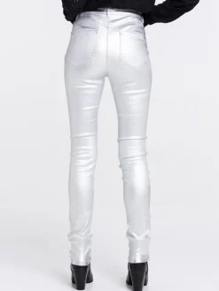 Pantalon skinny enduit gris argent femme