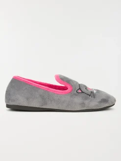 Pantoufle broderie chat gris (36-42)