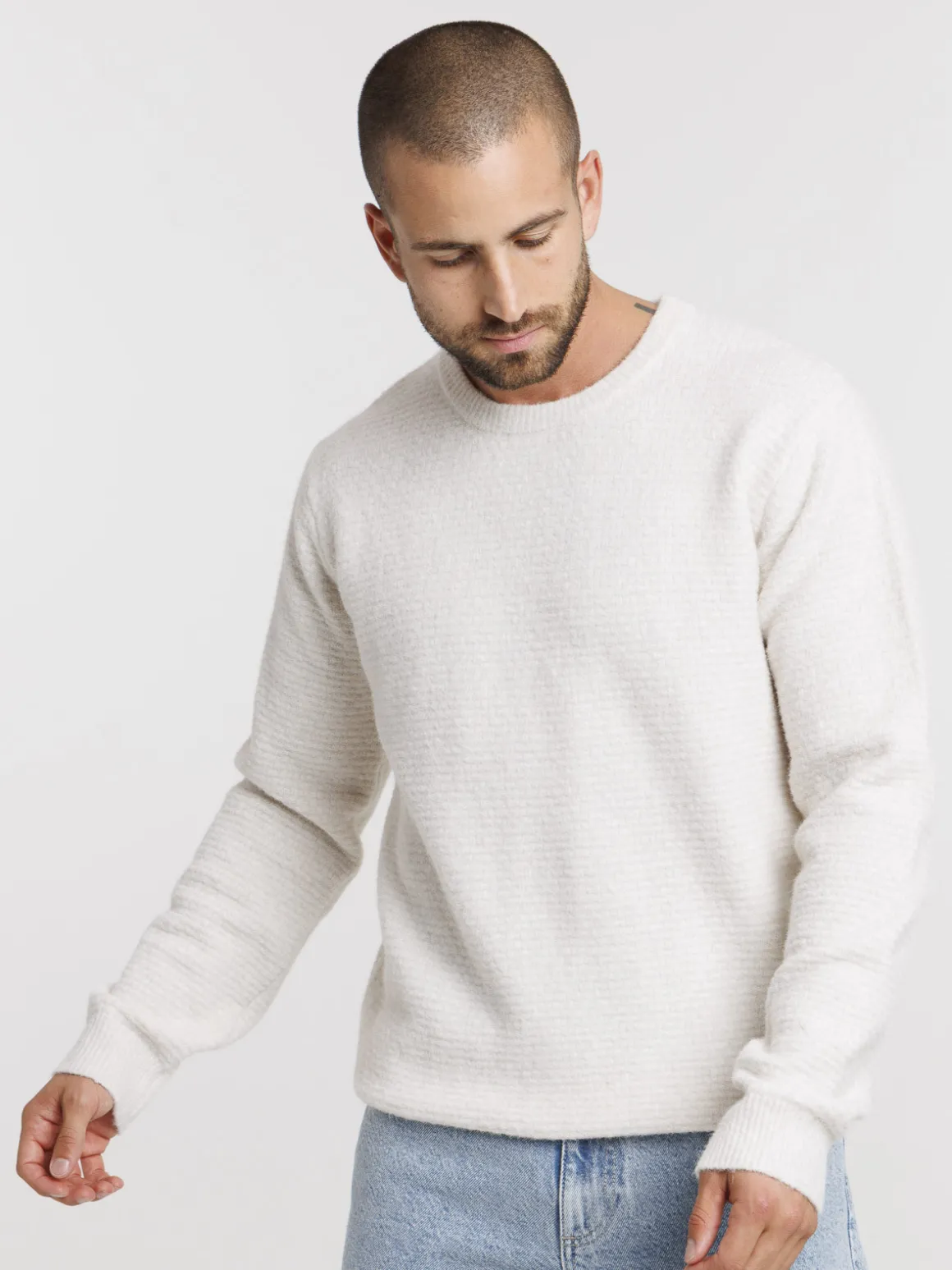 Pull beige col rond homme
