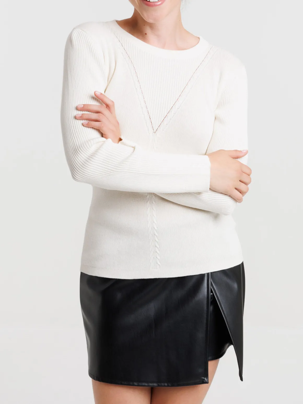 Pull col rond écru femme