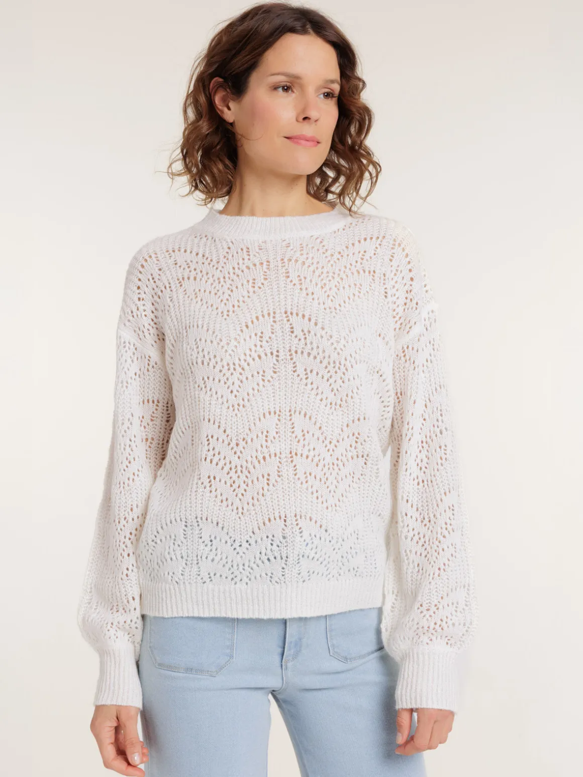 Pull col rond maille ajourée femme