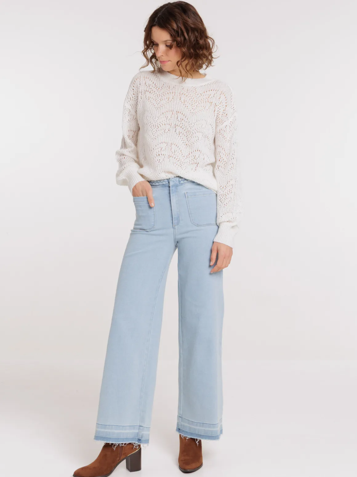 Pull col rond maille ajourée femme