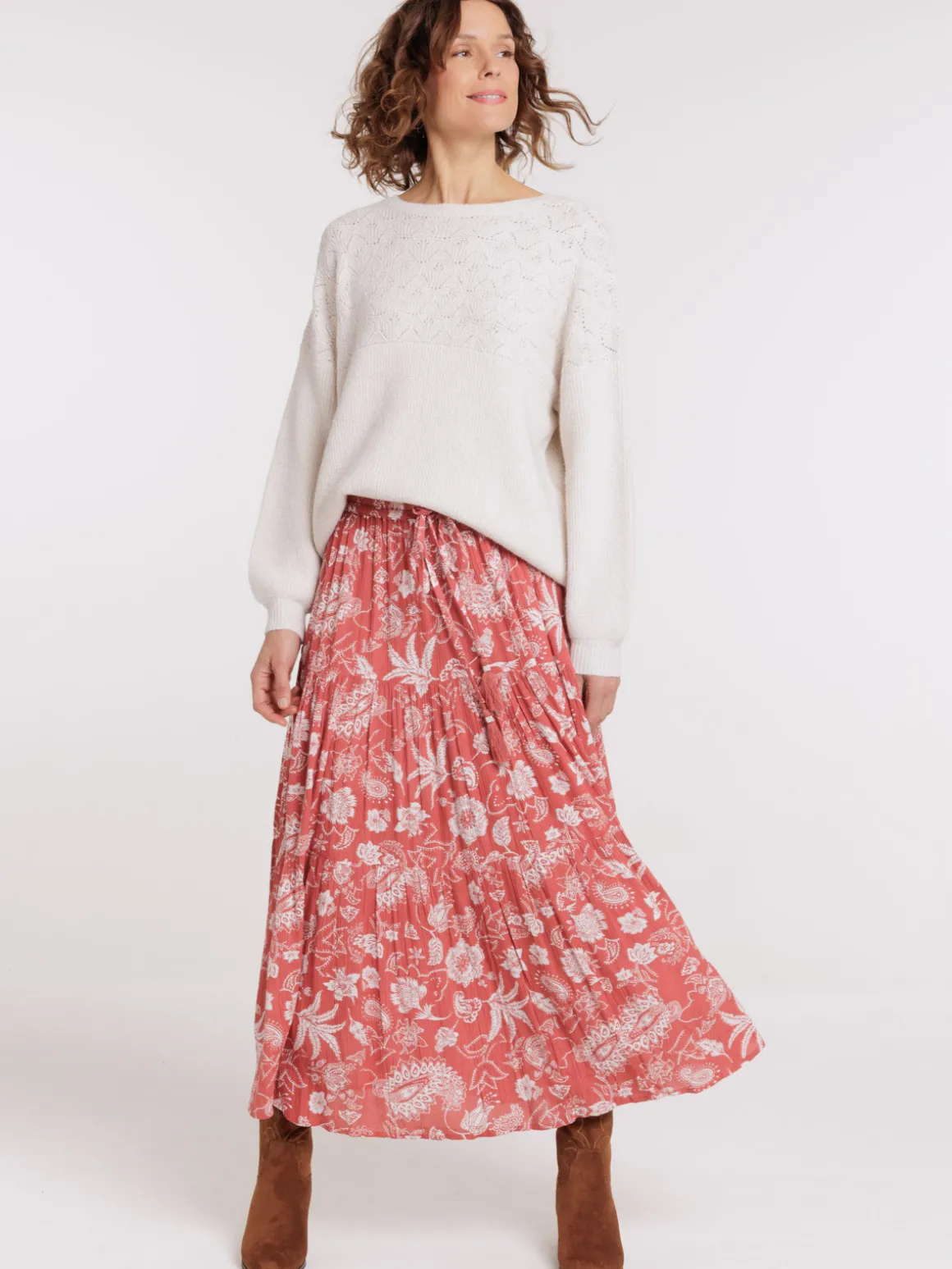 Pull col rond maille ajourée femme