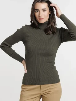 Pull col roulé vert foncé femme