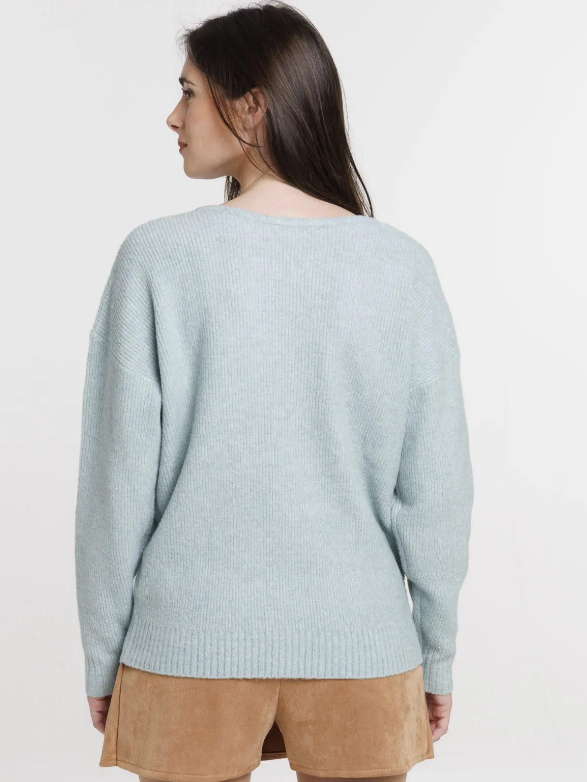 Pull col V bleu glacier femme