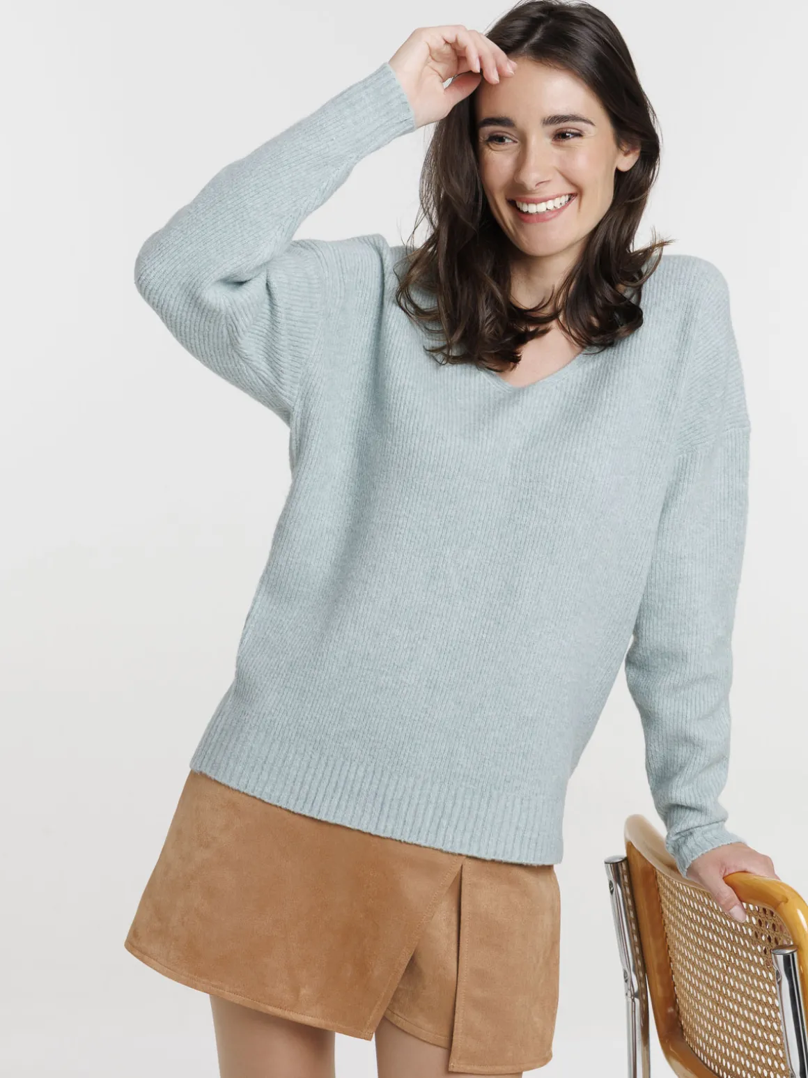 Pull col V bleu glacier femme