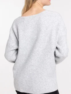 Pull col V côtelé gris chiné femme