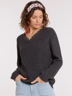 Pull col V dentelle femme