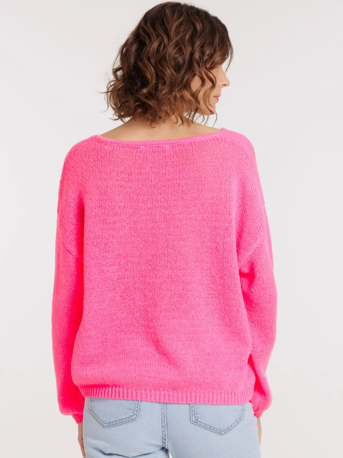 Pull col V néon rose femme