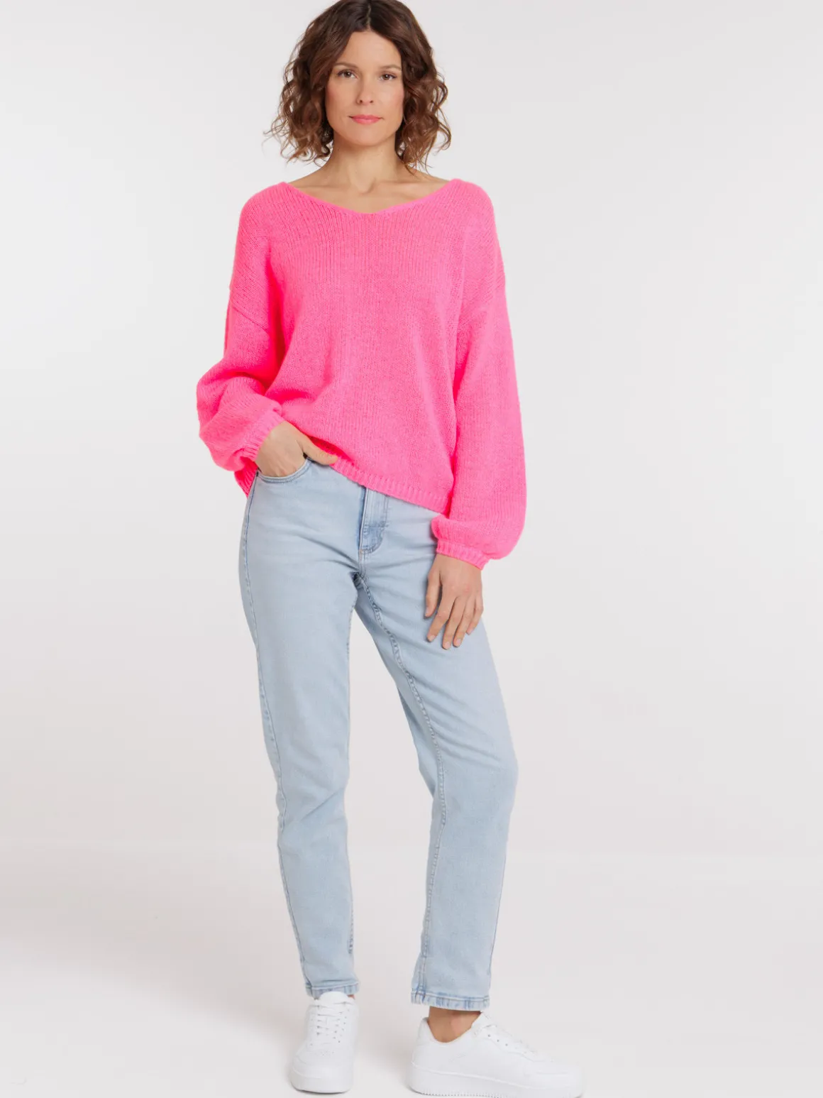 Pull col V néon rose femme