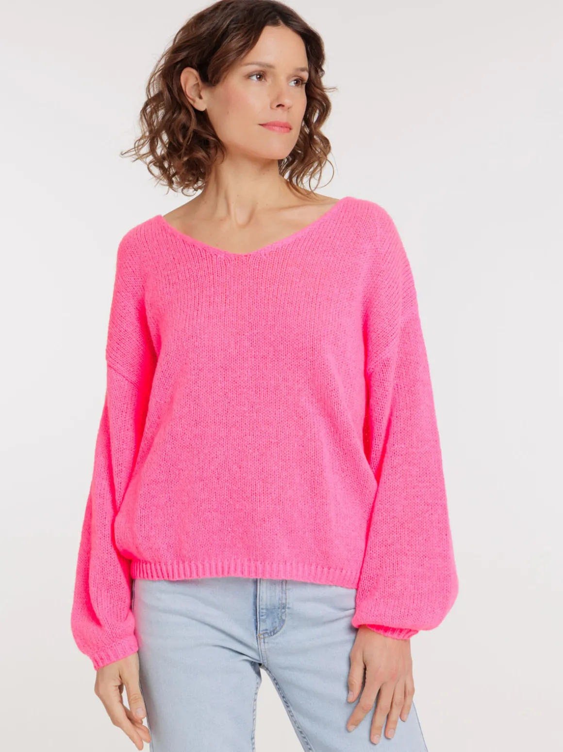 Pull col V néon rose femme