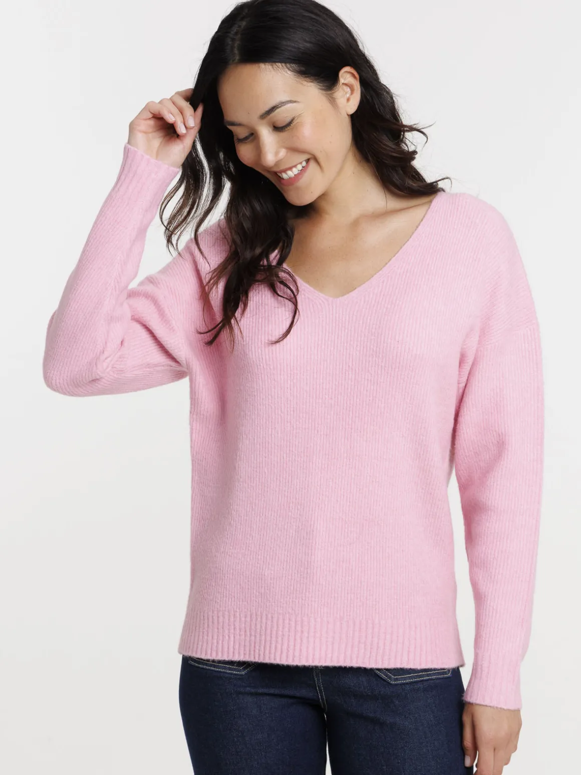 Pull col V rose femme