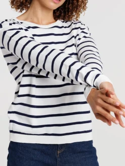 Pull écru col rond rayé femme