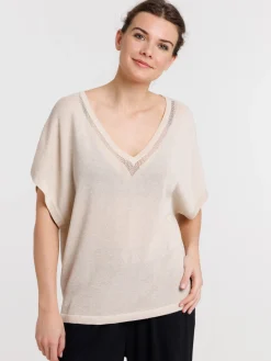 Pull femme col V brillant
