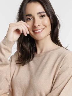 Pull fin col rond camel chiné femme