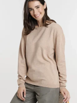 Pull fin col rond camel chiné femme