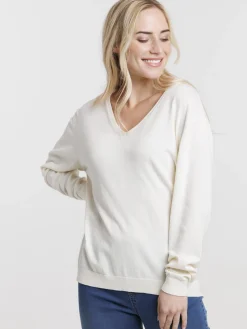 Pull fin col V nacre femme