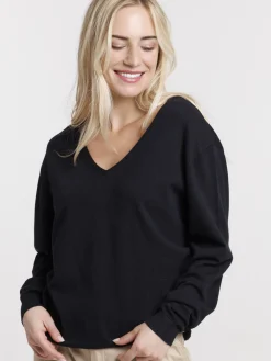 Pull fin col V noir femme