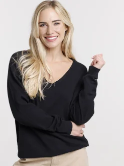 Pull fin col V noir femme