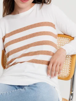Pull fin écru rayure croissant femme