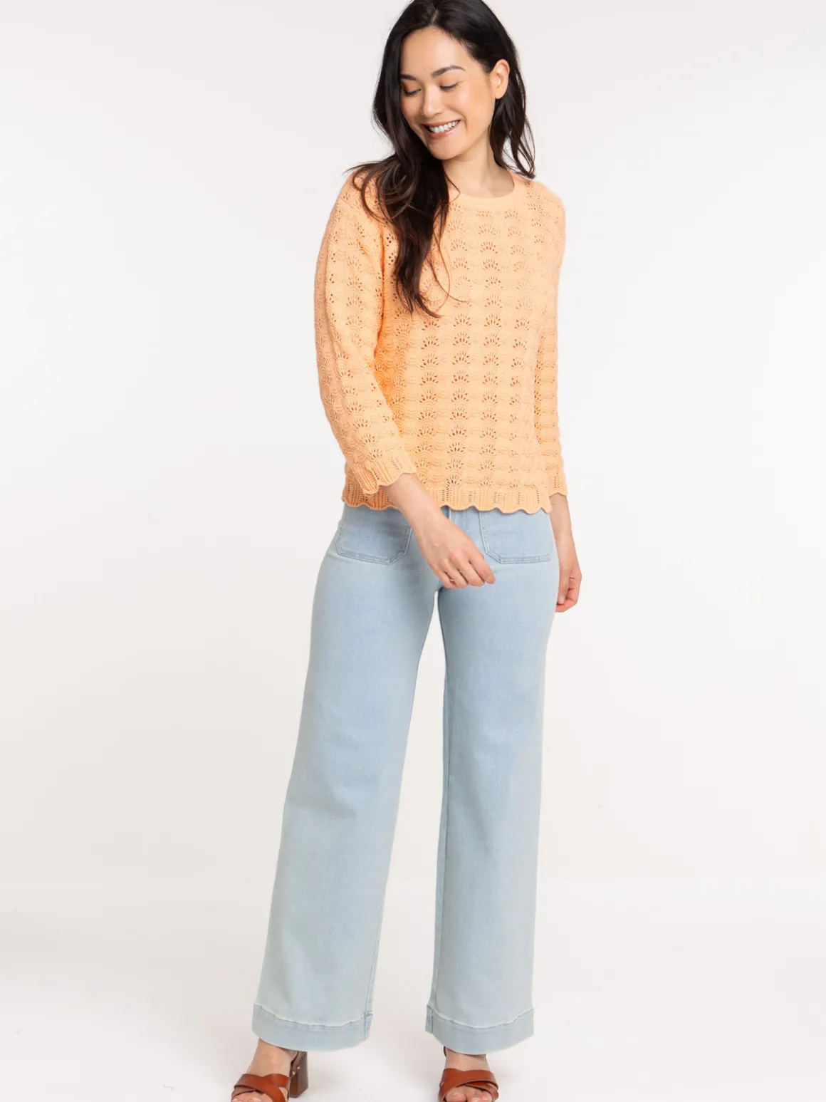 Pull maille ajourée orange sorbet femme