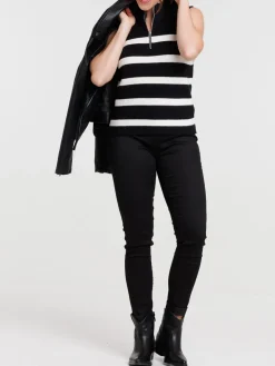 Pull sans manches rayé noir écru femme