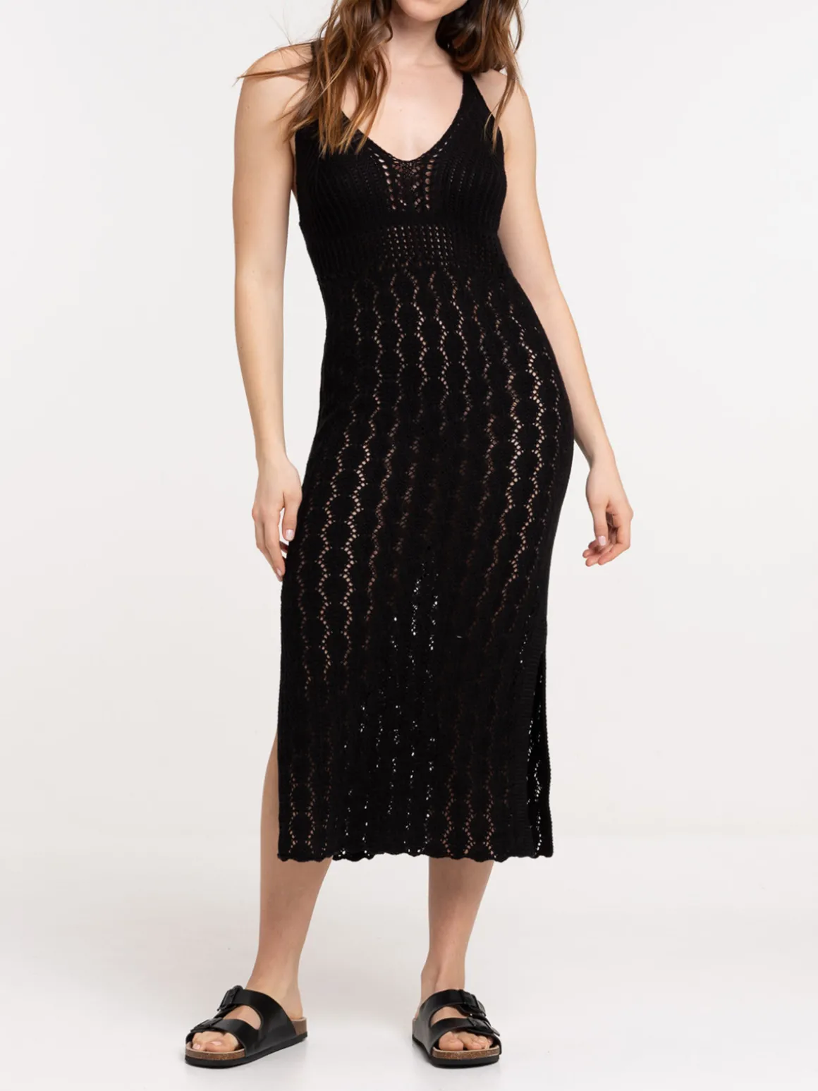 Robe longue crochet noire femme