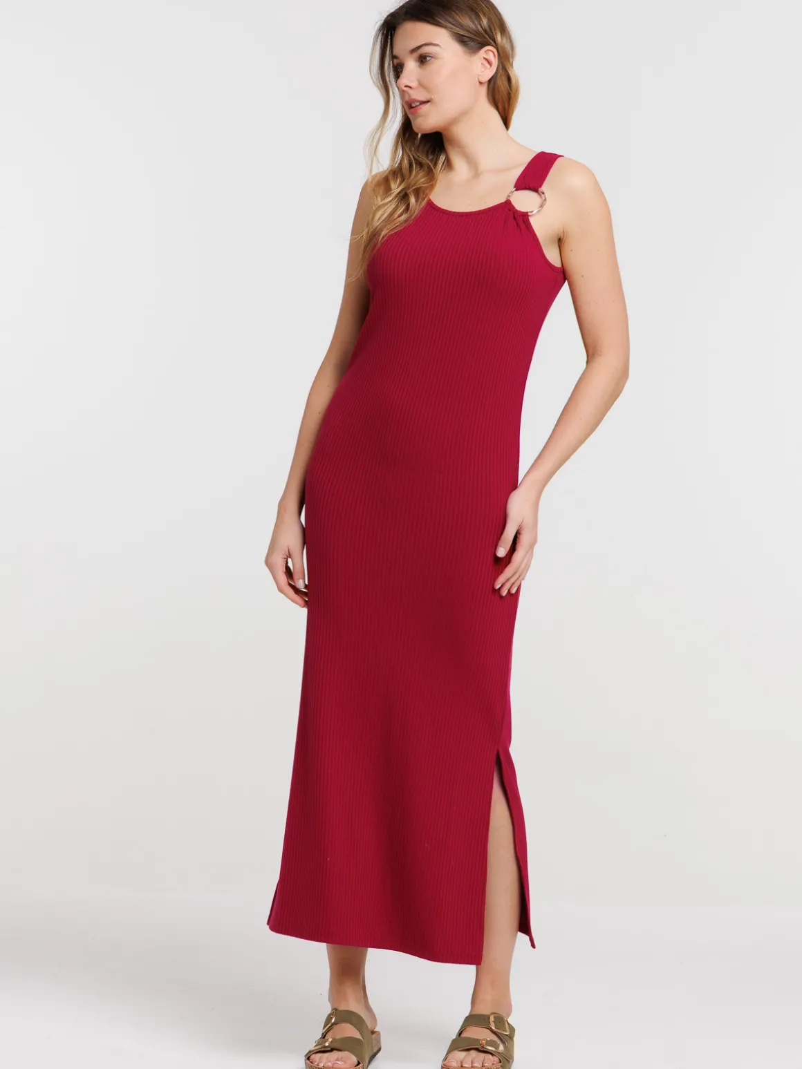 Robe longue côtelée bourgogne femme