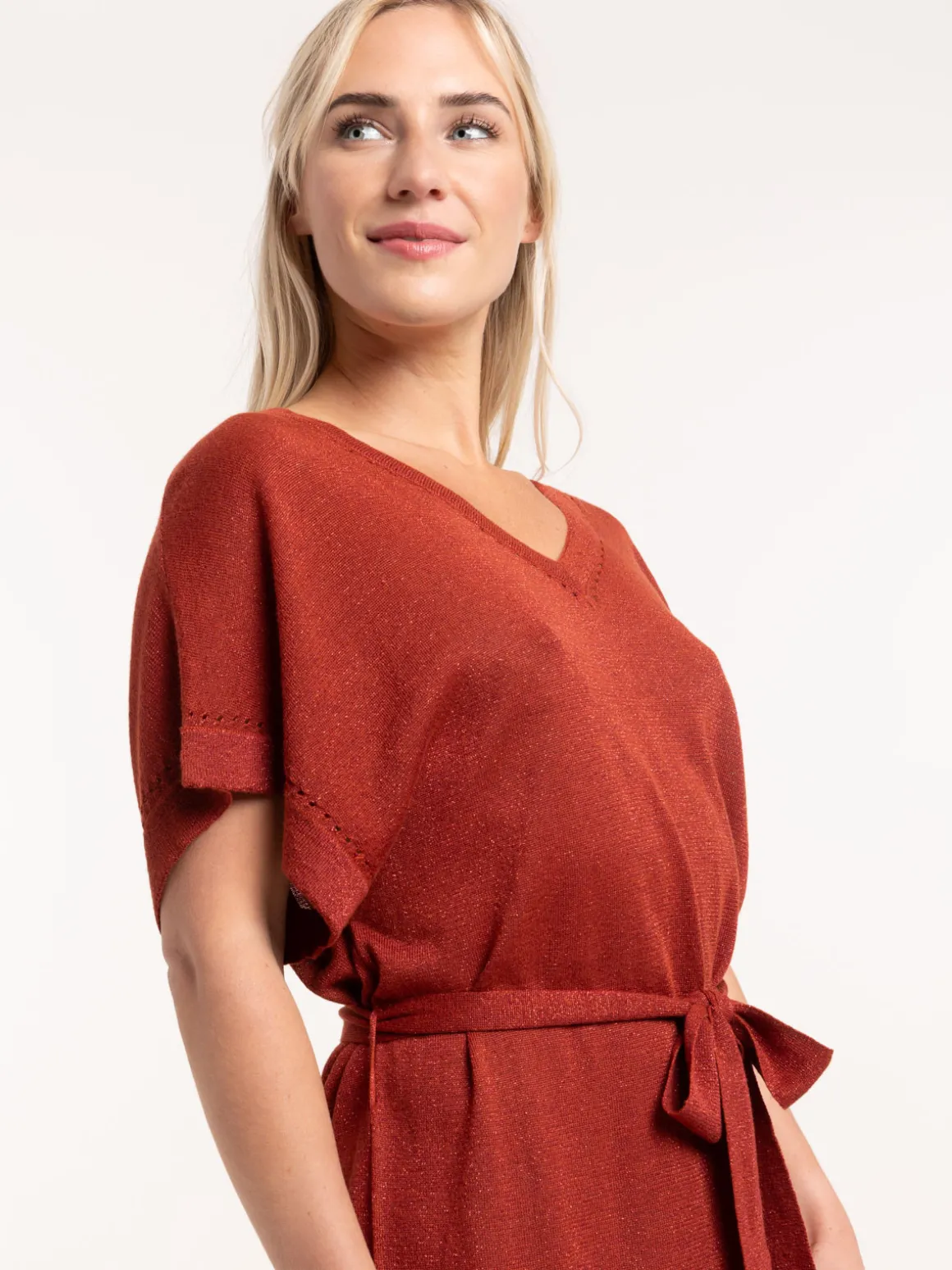 Robe sienne maille tricot col V femme