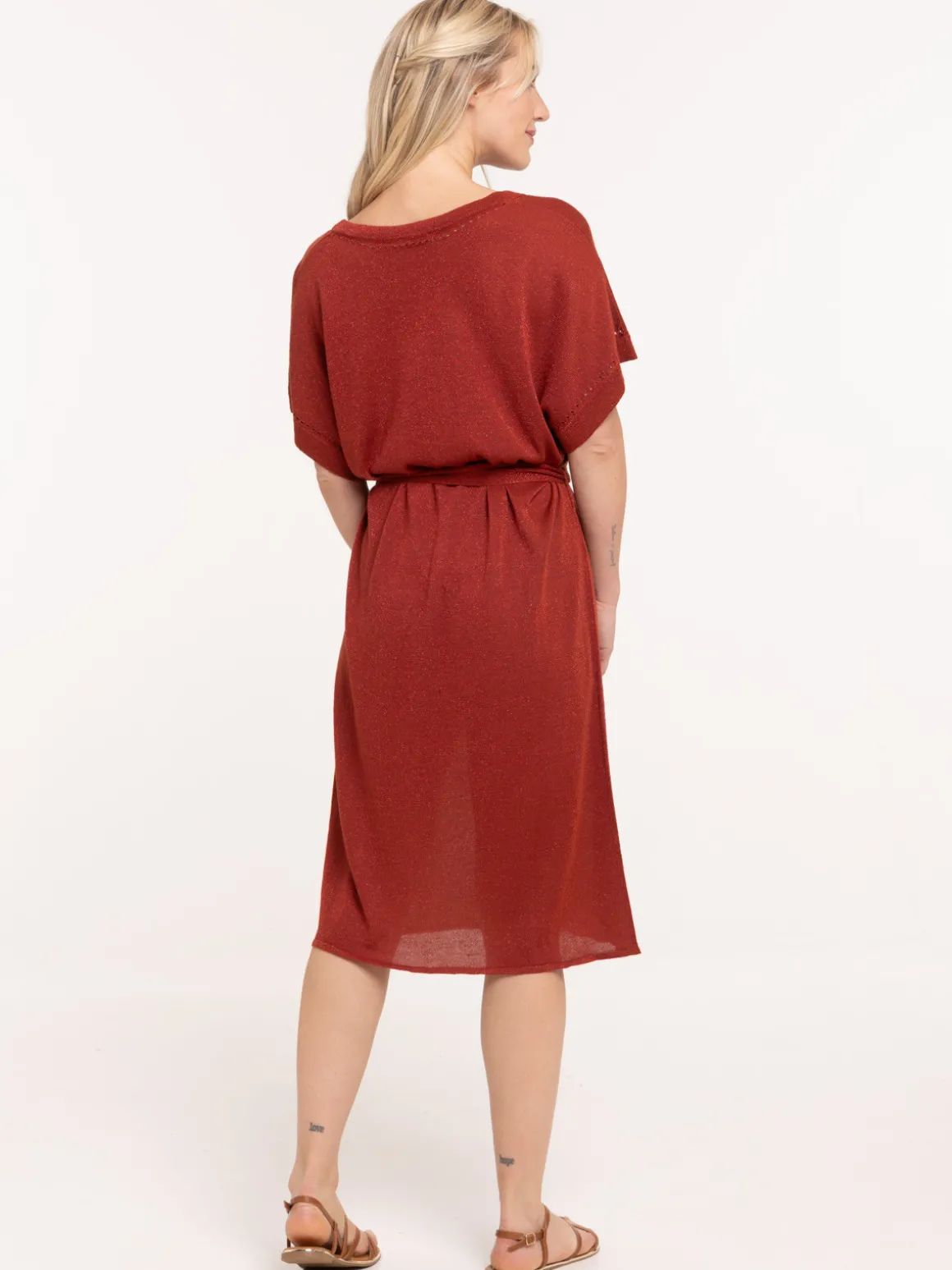 Robe sienne maille tricot col V femme