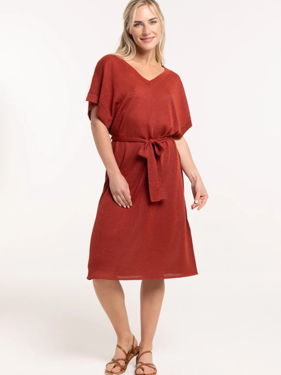 Robe sienne maille tricot col V femme