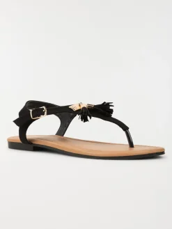 Sandales pompons talon plat noir (36-41)